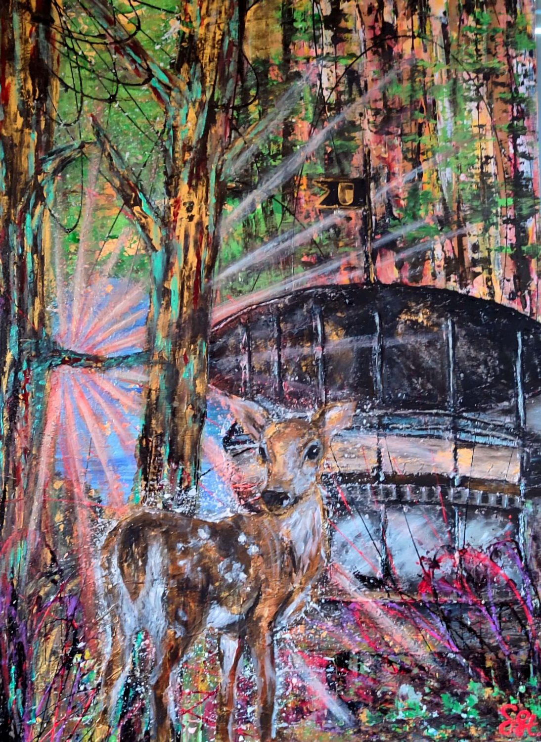 Farbenfrohes Waldgemälde mit Reh und intensiven Lichtstrahlen.