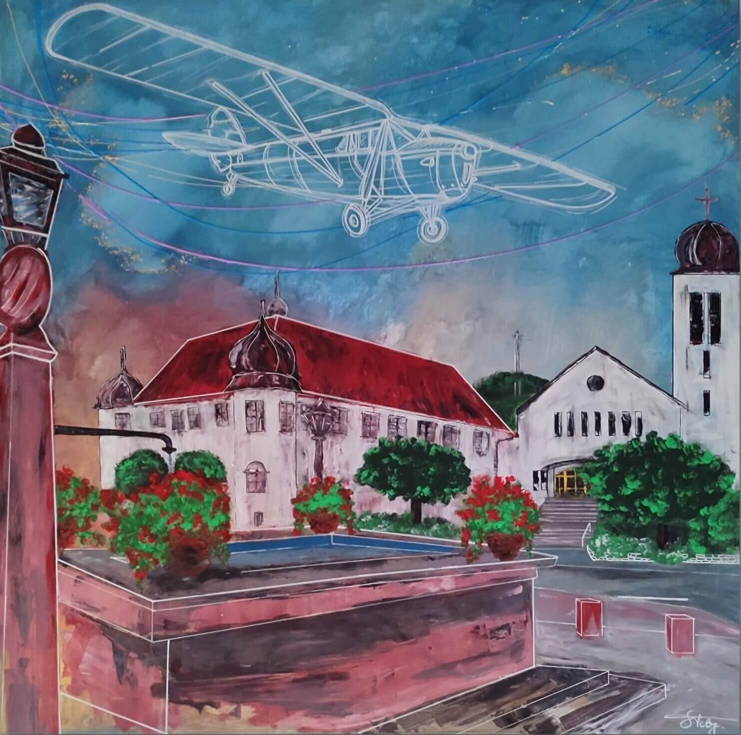 Acrylbild mit Flugzeug über Stadtlandschaft, kräftige Farben