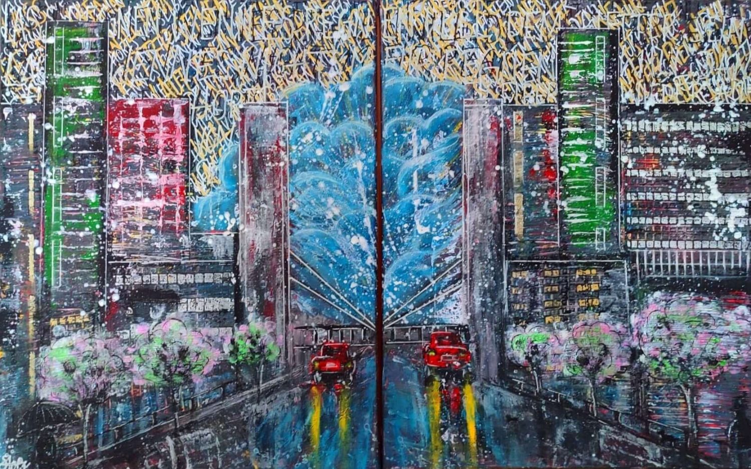 Großstadt-Szene in Acryl – bunte Häuser, Straßen und Regeneffekt