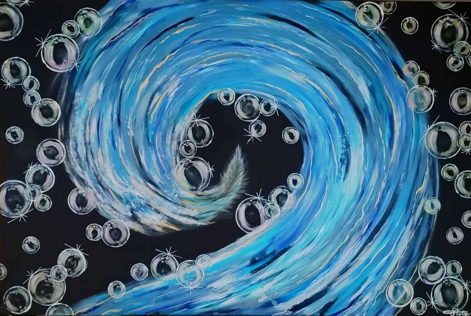 Gemälde einer blauen Welle mit weißen Schaumkronen