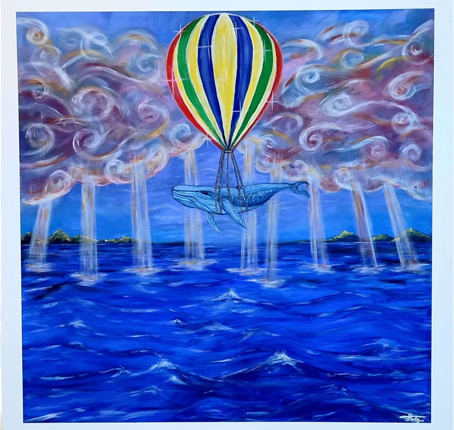 Acrylgemälde mit Heißluftballon über blauer Meereslandschaft