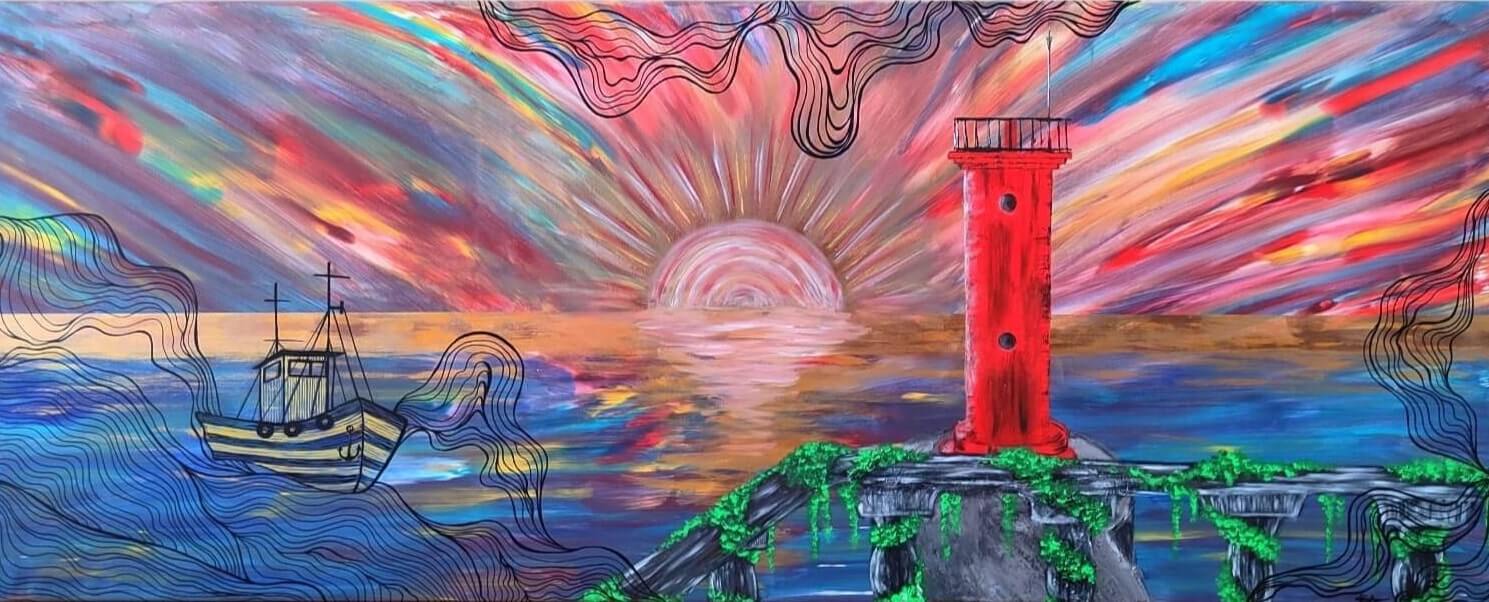 Buntes Sonnenuntergangs Gemälde mit Leuchtturm und Meer