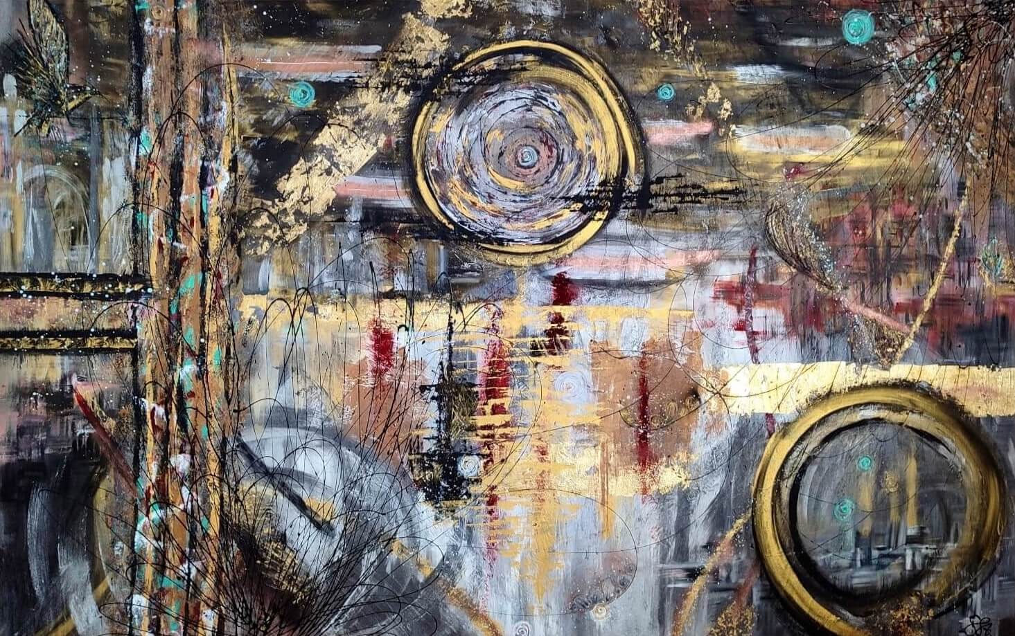 Abstraktes Acrylbild mit goldenen Kreisen und Spiegelungen.